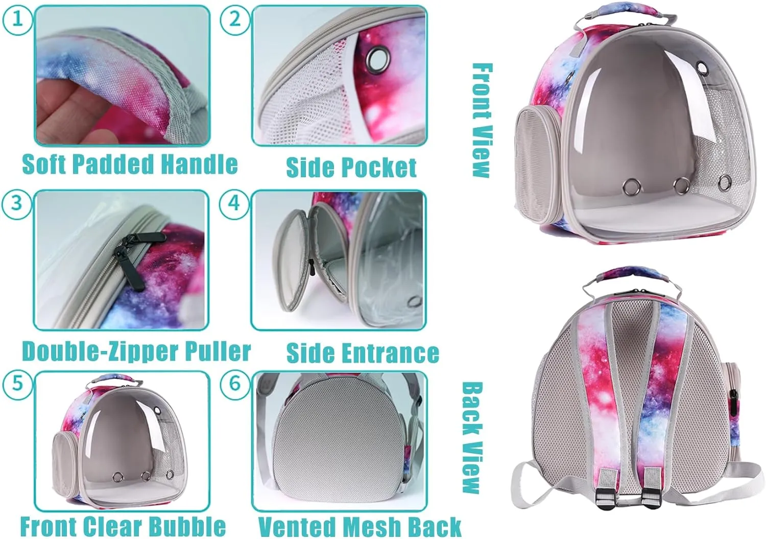 Hedgehog Backpack Carrier, Galaxy Theme Bearded Dragon Backpack,Small Animal Backpack for 2 Guinea Pig Lizard, Space Capsule Clear Bubble Window Carrier for Rat Bunny Rabbit (Galaxy Pink)