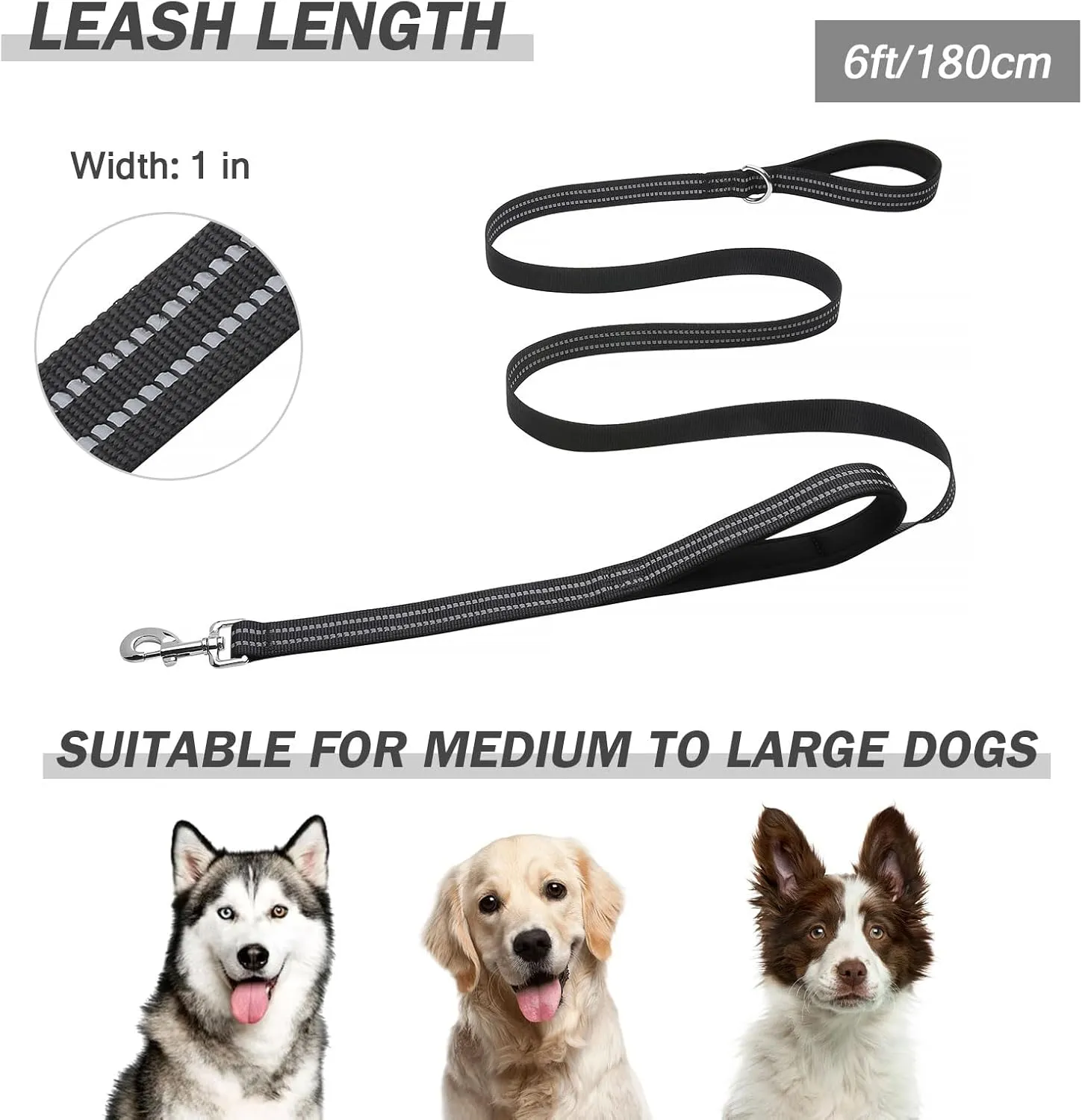 Hikiko 6 FT Heavy Duty Dog Leash with 2 Padded Handles Reflective Nylon Double Handle Dog Leash, Black