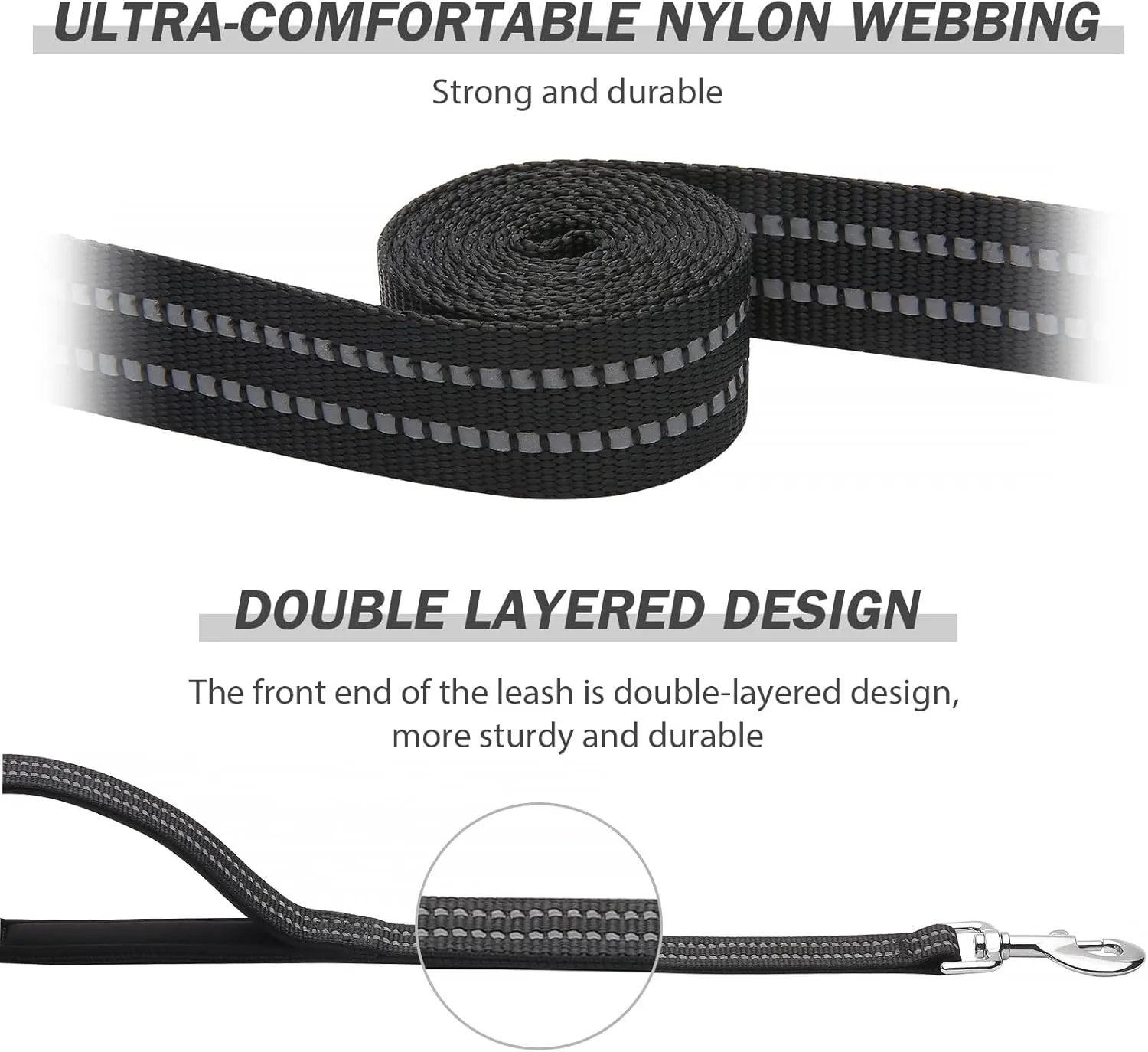Hikiko 6 FT Heavy Duty Dog Leash with 2 Padded Handles Reflective Nylon Double Handle Dog Leash, Black