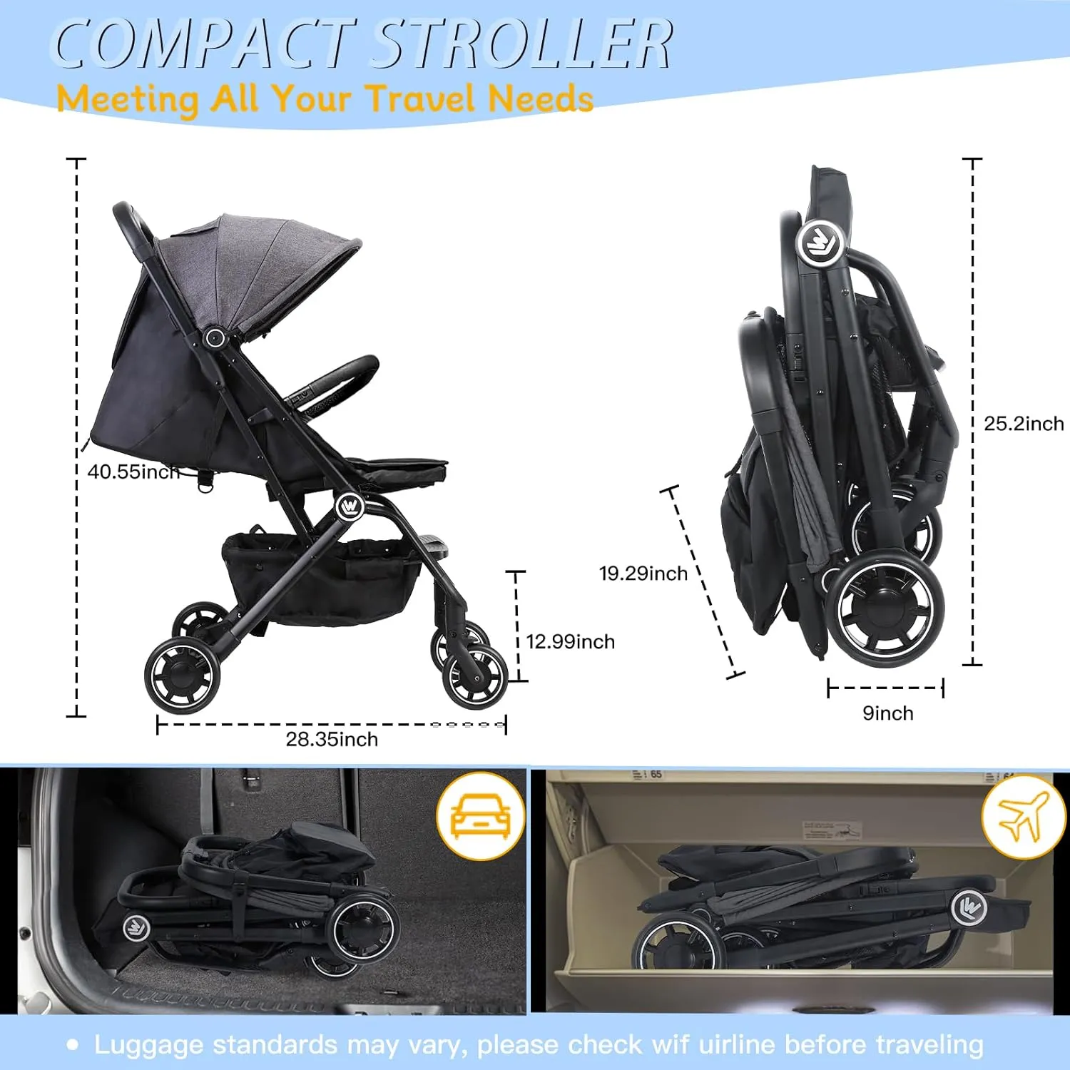 Lightweight Baby Stroller, Upgrade Compact Travel Stroller with Hidden All-Inclusive Foot Cover & Sleep Shade, One Hand Easy Foldable Pram, Oversize Basket for Airplane Travel