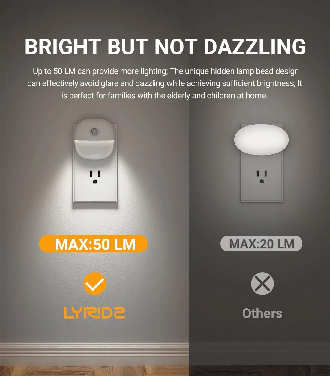 Lyridz Motion Sensor Night Light Indoor, 1-50 lm Dimmable LED Night Lights Plug Into Wall, Bright Plug-in Night Light with Dusk to Dawn Sensor for Stairs, Bathroom, Hallway, Garage, Toilet, (2 Pack)