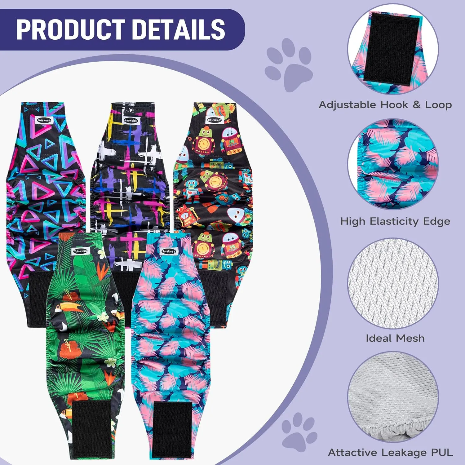 Male Dog Diapers, High Absorbing Dog Belly Bands for Male Dogs, Washable Reusable Dog Male Wraps(5 Pack)