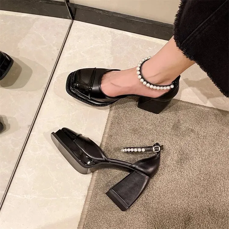 Mary Jane Pearl Chunky Heels