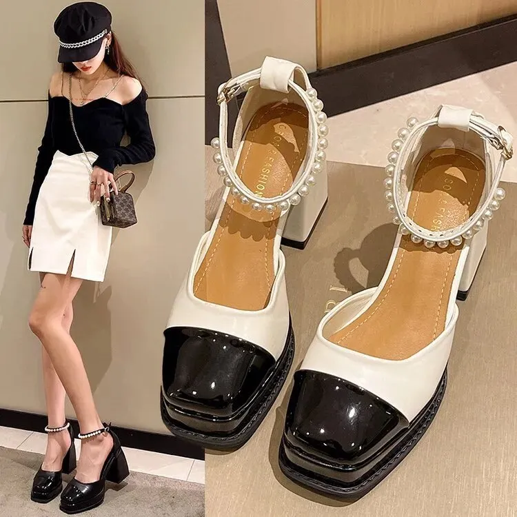 Mary Jane Pearl Chunky Heels