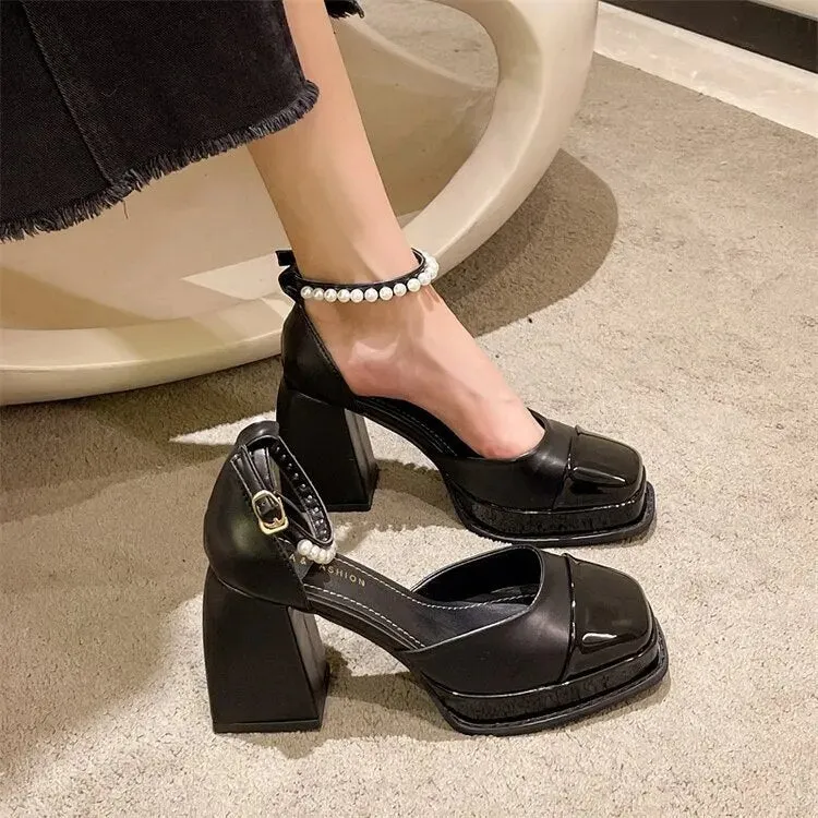 Mary Jane Pearl Chunky Heels