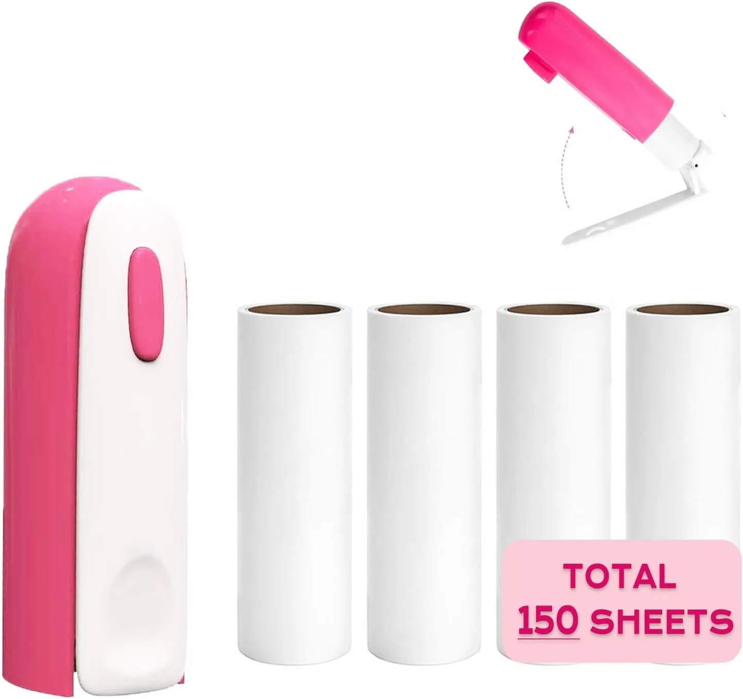 Mini Lint Roller with 150 Sheets, Travel Size Portable Lint Roller Compact Pet Hair Remover with 5 Refills, Sticky Small Lint Remover for Pocket Travel Essentials for Clothes (Pink)