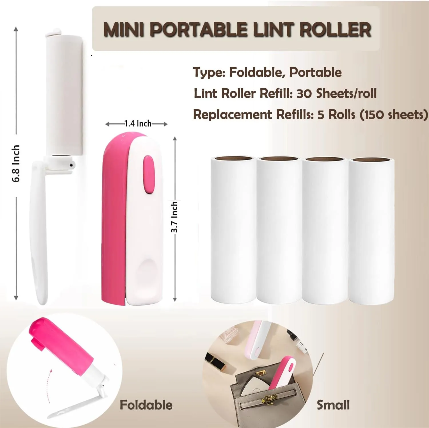 Mini Lint Roller with 150 Sheets, Travel Size Portable Lint Roller Compact Pet Hair Remover with 5 Refills, Sticky Small Lint Remover for Pocket Travel Essentials for Clothes (Pink)