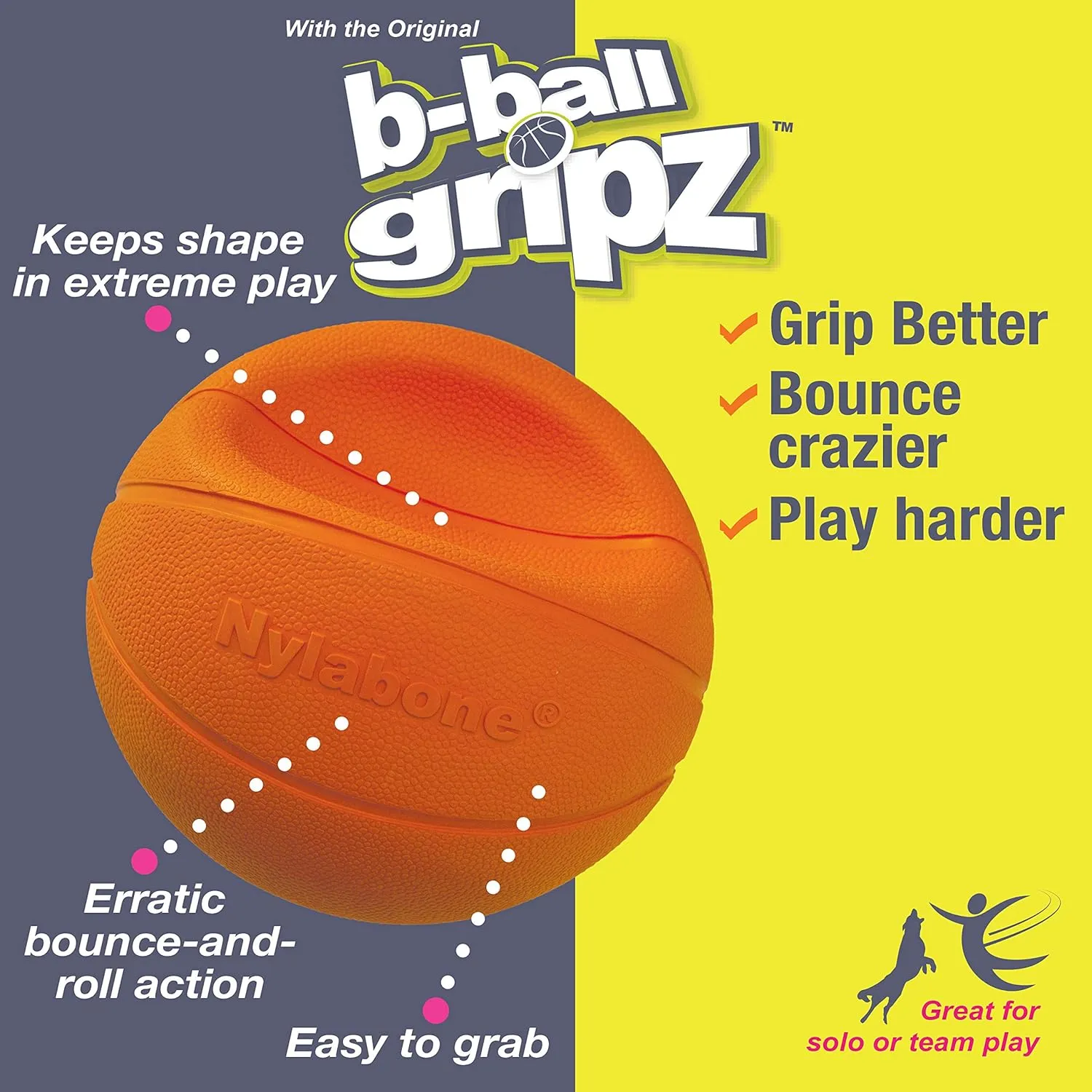 Nylabone Power Play Gripz Felt Basketball Rubber Fetch Toy, Squeaky Ball for Dogs, Medium (1 Count)