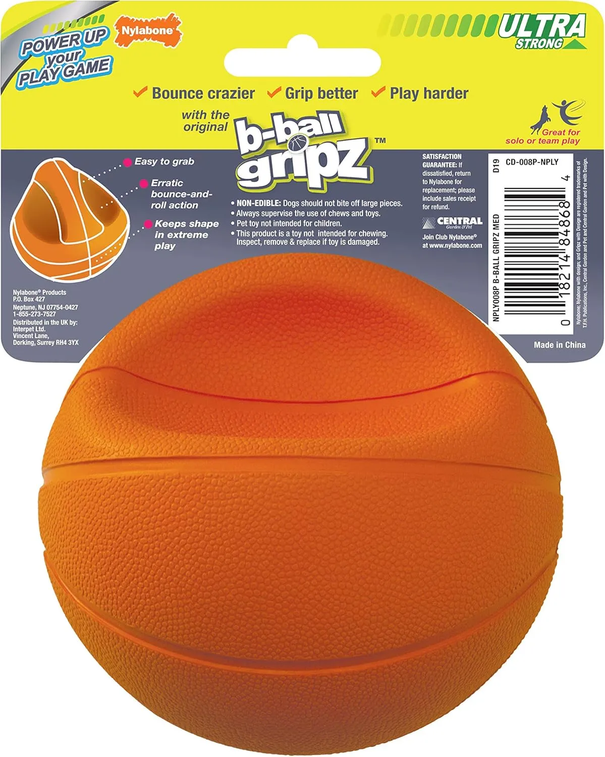 Nylabone Power Play Gripz Felt Basketball Rubber Fetch Toy, Squeaky Ball for Dogs, Medium (1 Count)