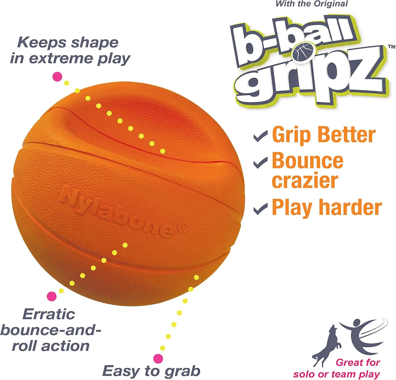 Nylabone Power Play Gripz Felt Basketball Rubber Fetch Toy, Squeaky Ball for Dogs, Medium (1 Count)