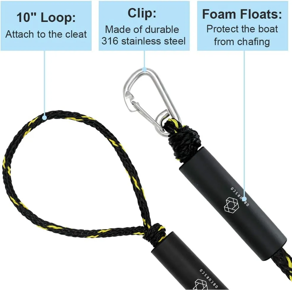 Obcursco Bungee Dock Lines for Boat, Docking Rope with 316 Stainless Steel Clips, Accessories for Jet Ski, PWC, SeaDoo, Yamaha WaveRunner, Marine, Kayak, Pontoon, Sets of Two(4ft & 6ft) (Black/Yellow)