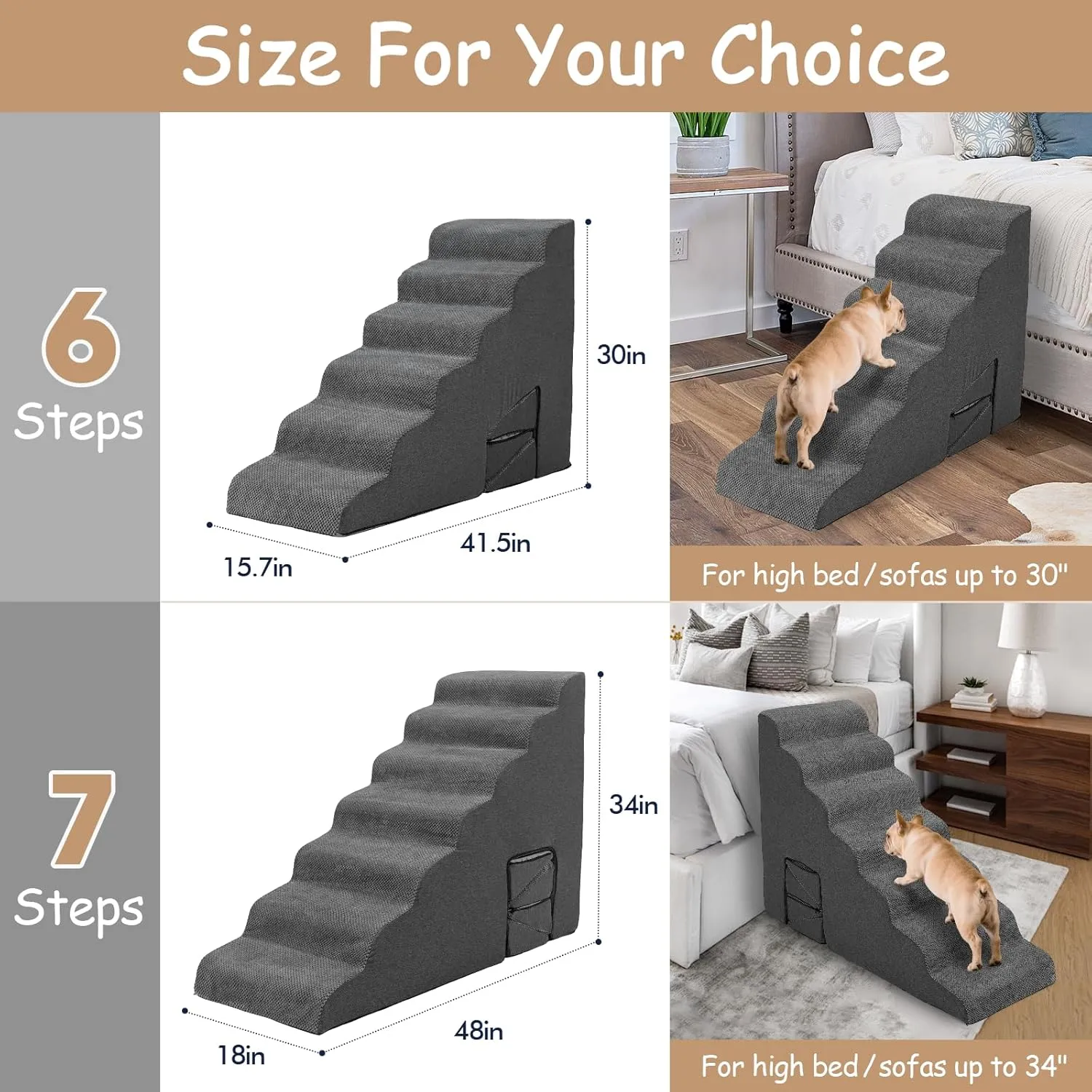 Pet Stairs for High Bed - LitaiL Stairs for Dogs to Get on Bed, 7 Steps Foam Dog Stair for Small Dogs, 35 inches Pet Steps Ramp with Washable Cover, Non-Slip Steps for Pets