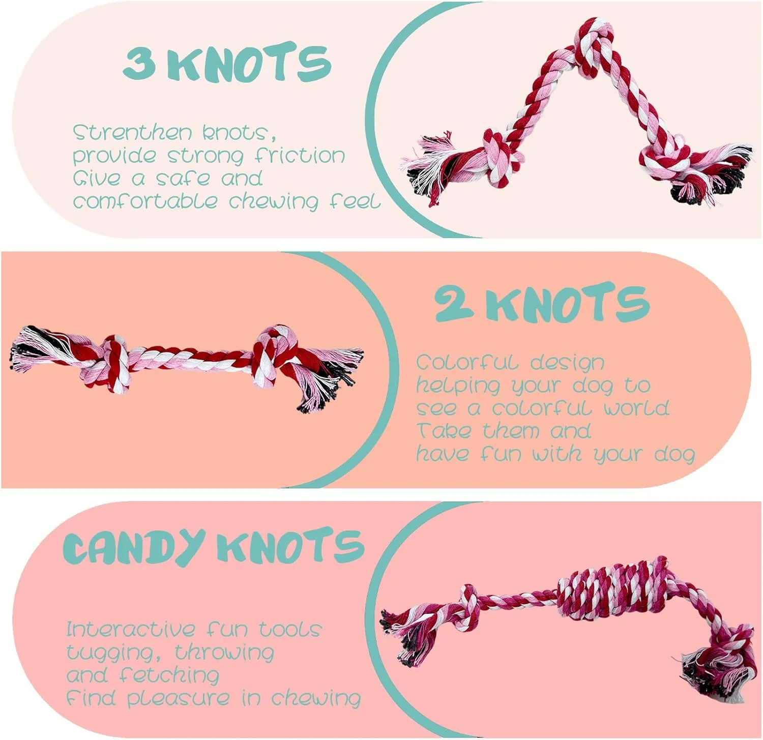 Puppy 3 Pack Cotton Knot Rope Toys for Small Dogs & Puppies, Durable Teething & Tug of War Chew Toy, Safe Interactive Toy for 2-8 Months Pets and High Active Puppy (Pink, Small)