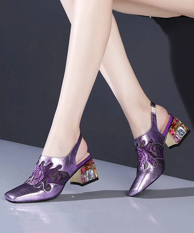 Purple Breathable Mesh Splicing Zircon Chunky High Heels RT1054