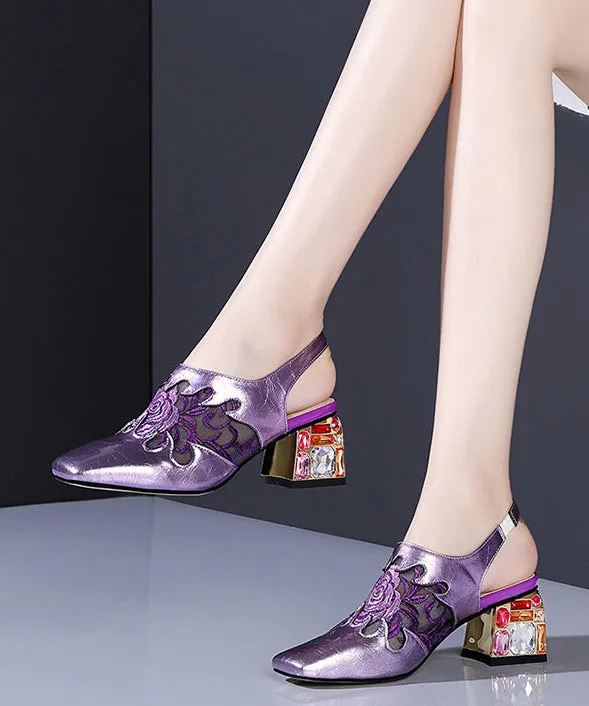 Purple Breathable Mesh Splicing Zircon Chunky High Heels RT1054