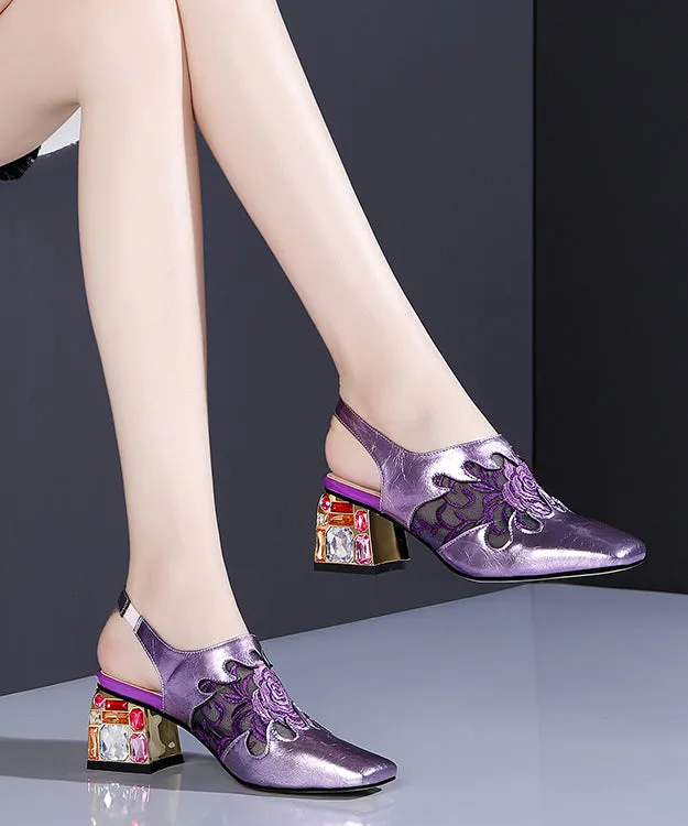 Purple Breathable Mesh Splicing Zircon Chunky High Heels RT1054