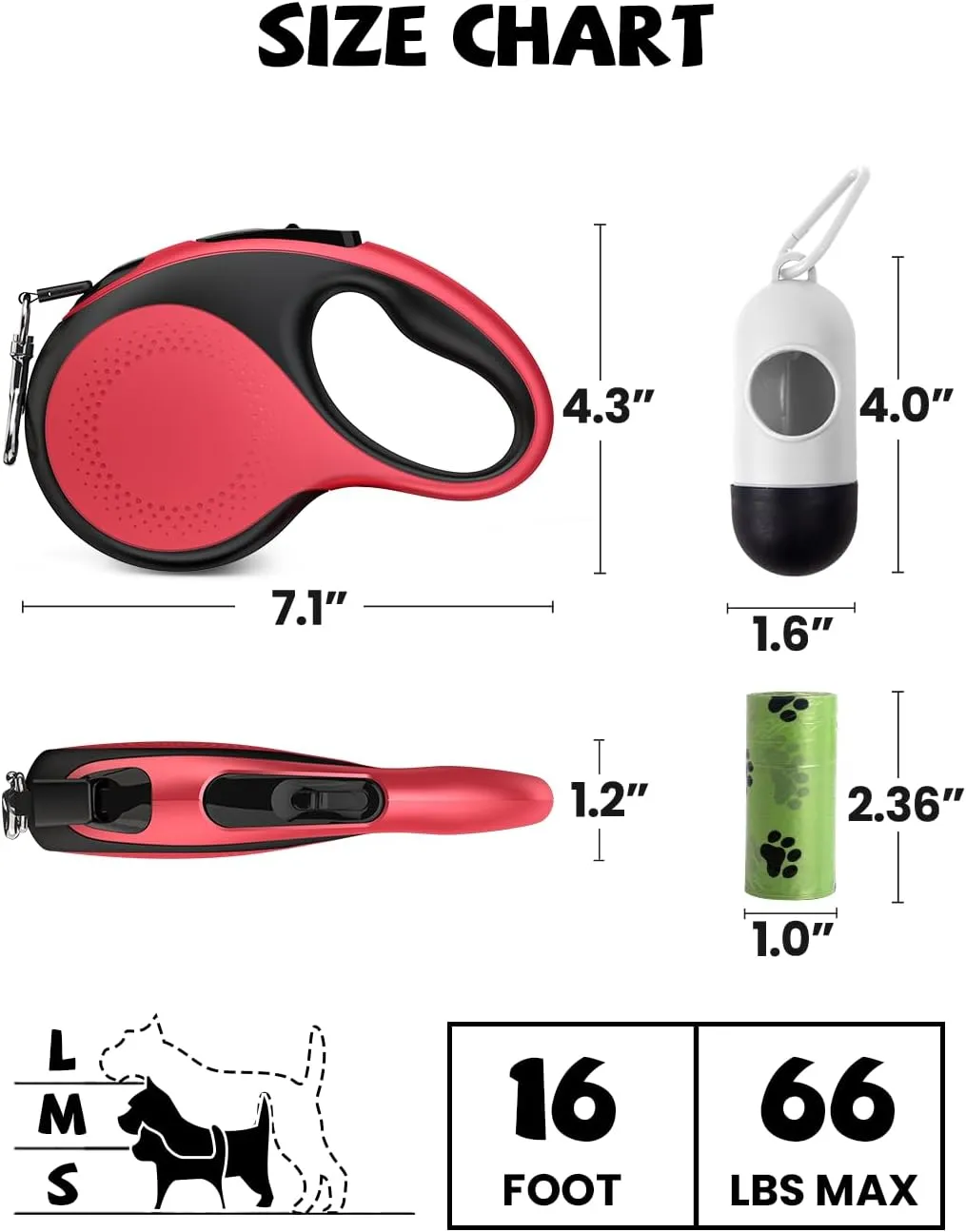 Retractable Dog Leash with Led Light, Douexio 16ft Rechargeable Walking Dog Leash for Small Medium Dogs Up to 66 lbs,360 Tangle-Free, One-Button Control, High Strength Hook