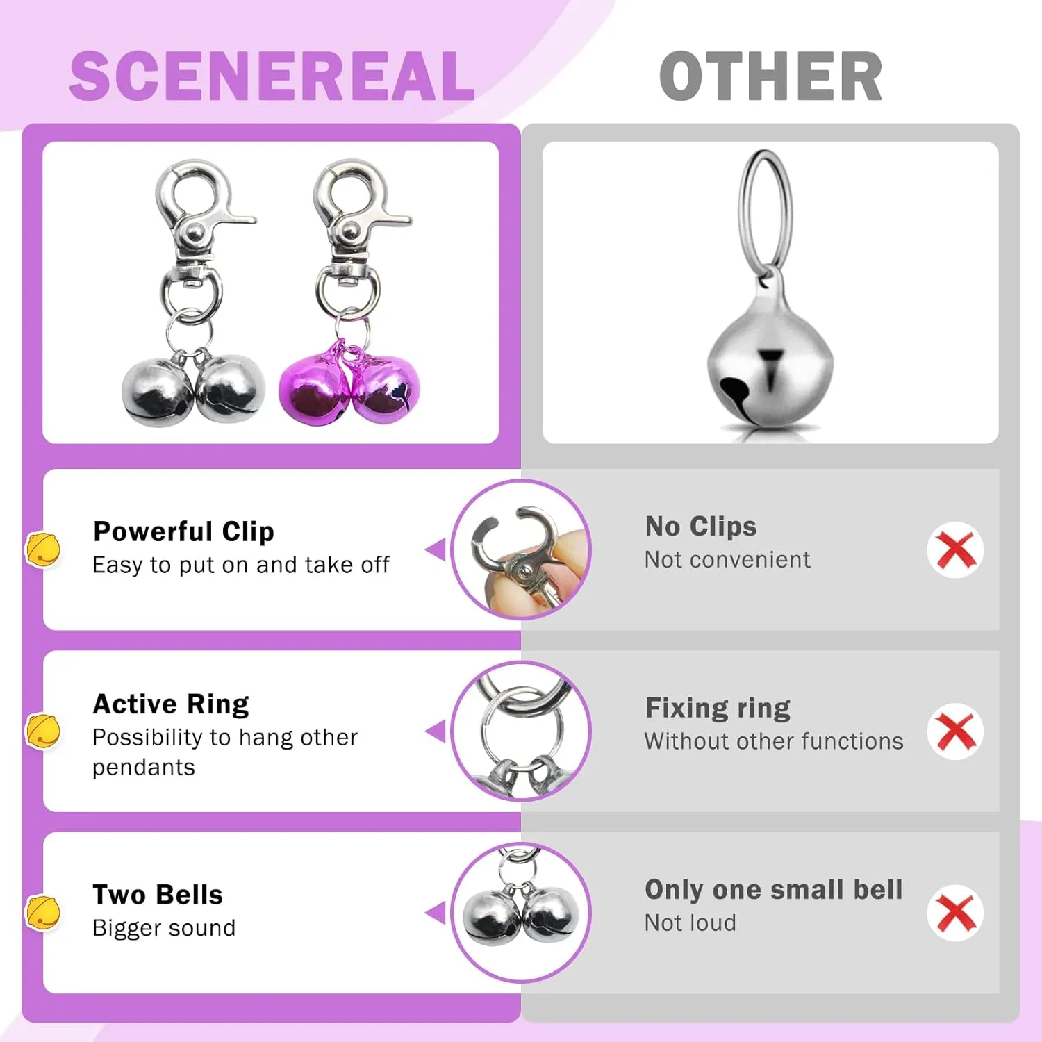 SCENEREAL Bells for Dog Collars - 2 Pack Pet Hanging Ring Bell Accessories for Dog & Cat, Pet Pendant Collar Charm with Heavy Duty Snap Clips, Sliver Bells for Tracking and Training Christmas Gift