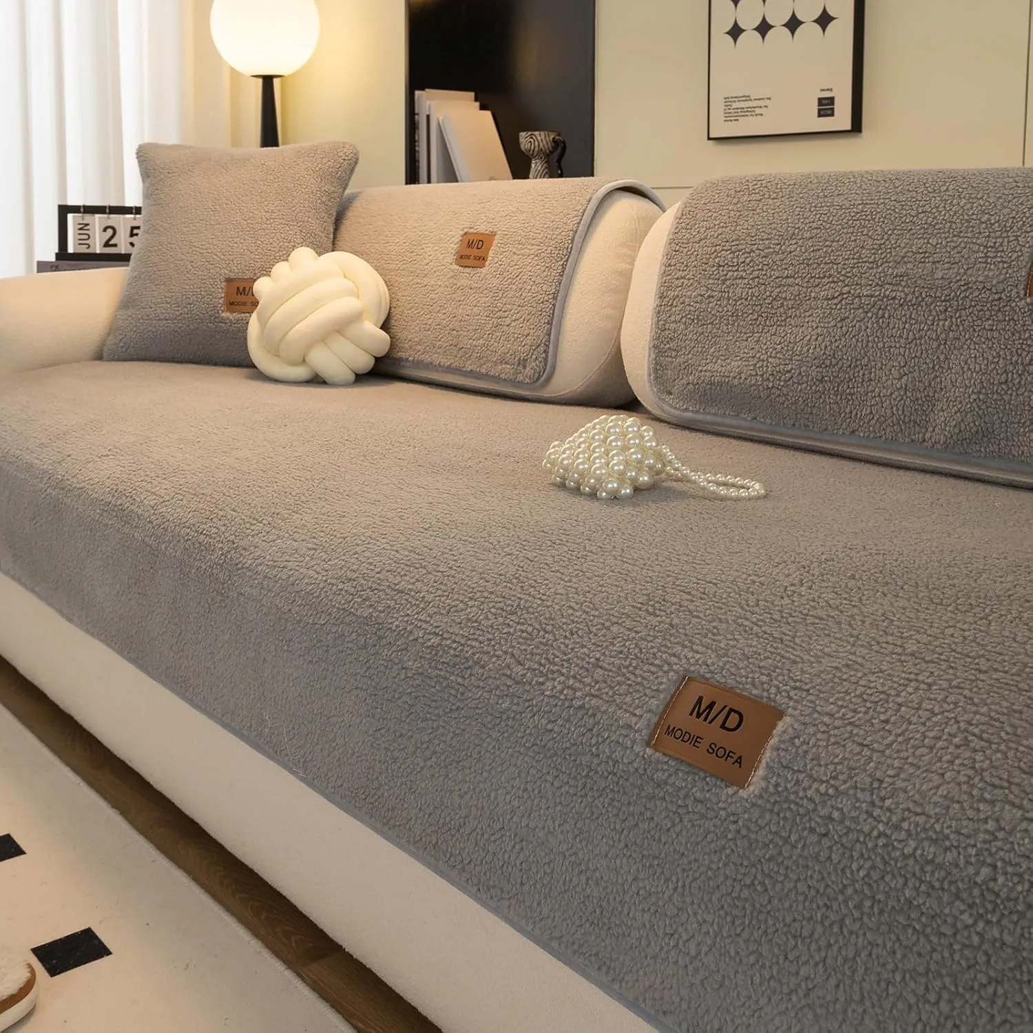 Sherpa Fleece Sofa Cover, Plush Sherpa Fleece Sofa Couch Covers, Funny Fuzzy Couch Covers for Sofa, Sectional Non Slip Sofa Slipcover Furniture Protector for Pets, Light Grey(36"x 94"), Only 1 Pcs
