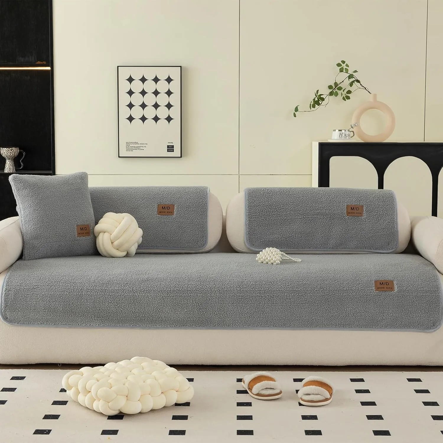 Sherpa Fleece Sofa Cover, Plush Sherpa Fleece Sofa Couch Covers, Funny Fuzzy Couch Covers for Sofa, Sectional Non Slip Sofa Slipcover Furniture Protector for Pets, Light Grey(36"x 94"), Only 1 Pcs