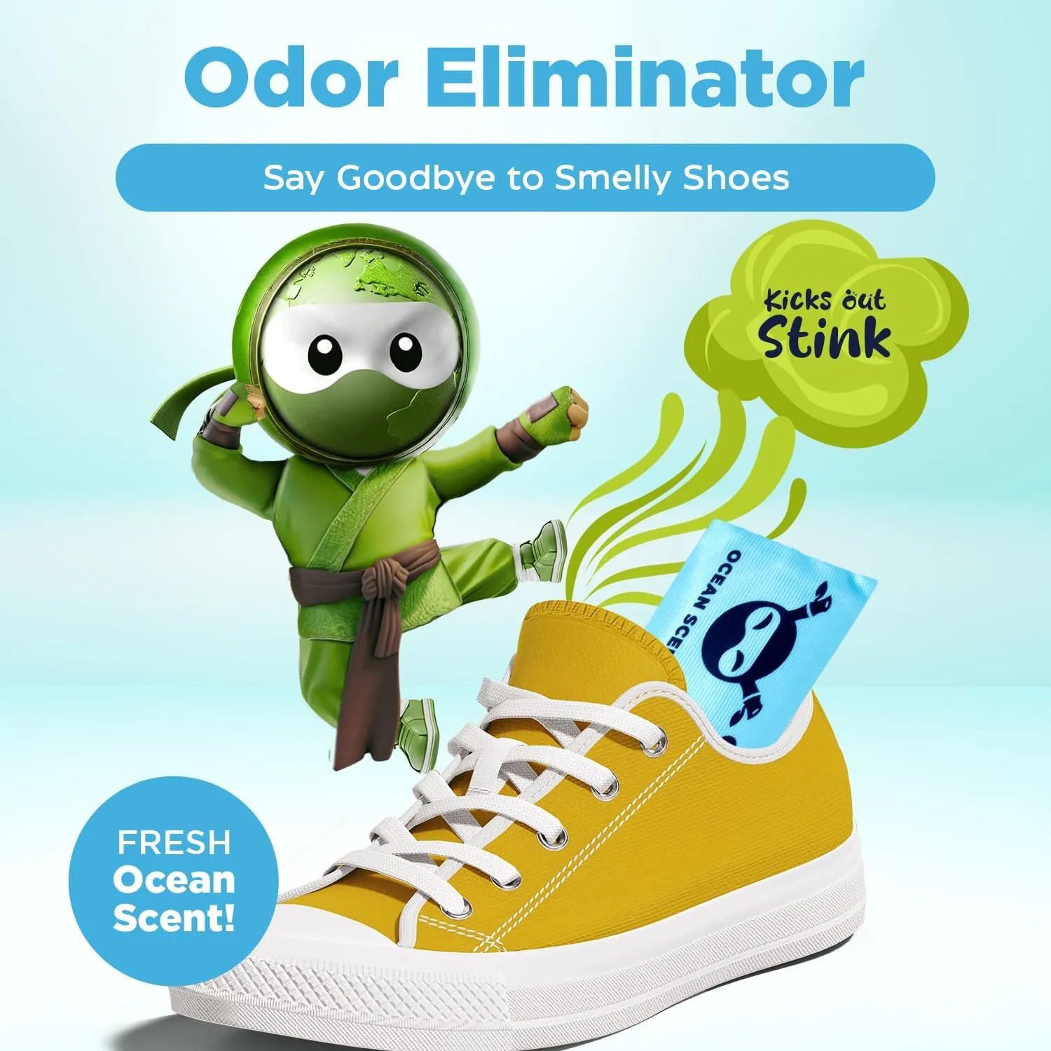 Shoe Ninja Shoe Deodorizer - Shoe Odor Elimination with Activated Charcoal, Versatile and Reusable Shoe Smell Remover, Boxing Glove Deodorizer, and Shoe Freshener, Great for Sports - 1 Pack Count of 2