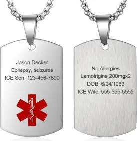 Stainless Steel Custom Medical Alert Necklace for Men & Women  Engraved Emergency Medical ID Tag for Him and Her, Life-Saving Med Alert Jewelry for Allergies, Conditions, and Emergency Contacts