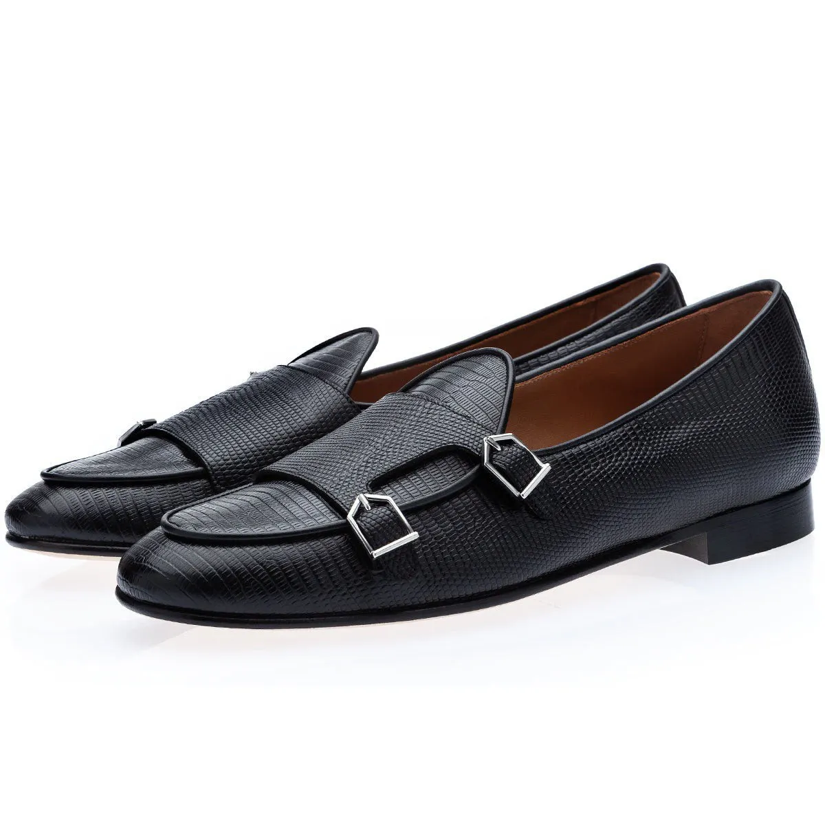 SUPERGLAMOUROUS Tangerine 7 Men's Shoes Exotic Tejus Lizard Double Monk-Straps Belgian Loafers (SPGM1331)