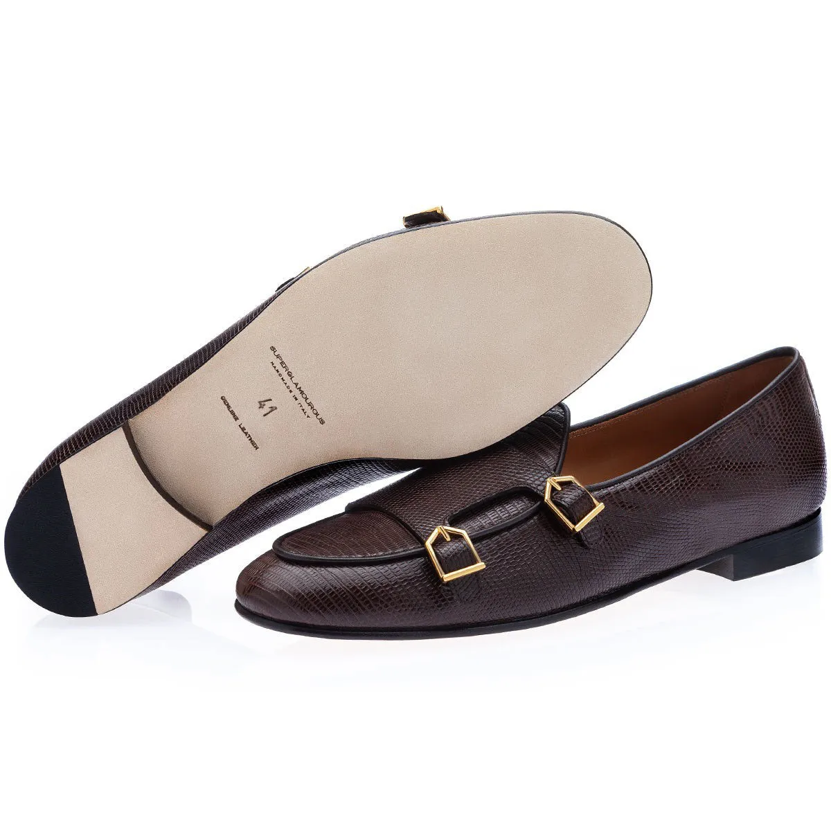 SUPERGLAMOUROUS Tangerine 7 Men's Shoes Exotic Tejus Lizard Double Monk-Straps Belgian Loafers (SPGM1331)