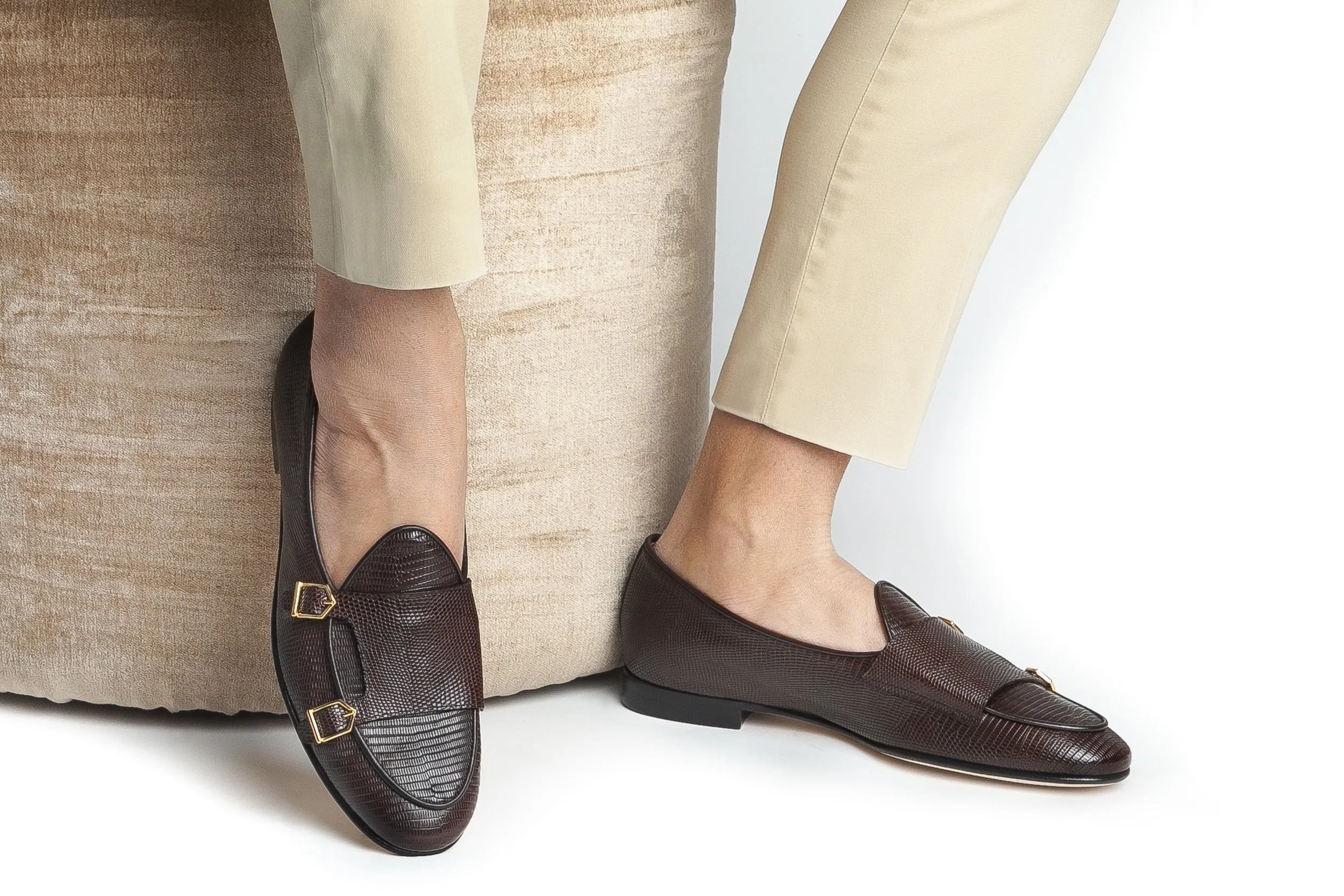 SUPERGLAMOUROUS Tangerine 7 Men's Shoes Exotic Tejus Lizard Double Monk-Straps Belgian Loafers (SPGM1331)