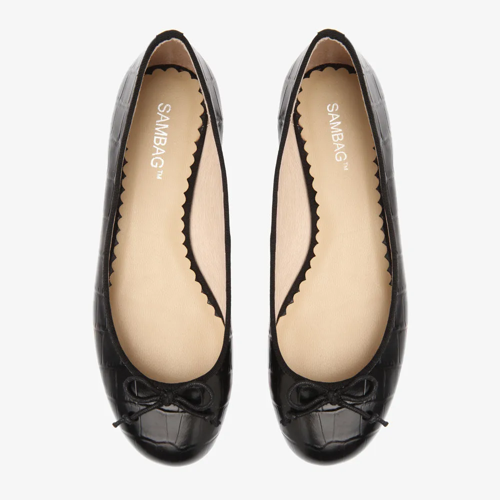Tina Black Embossed Croc Leather ballet