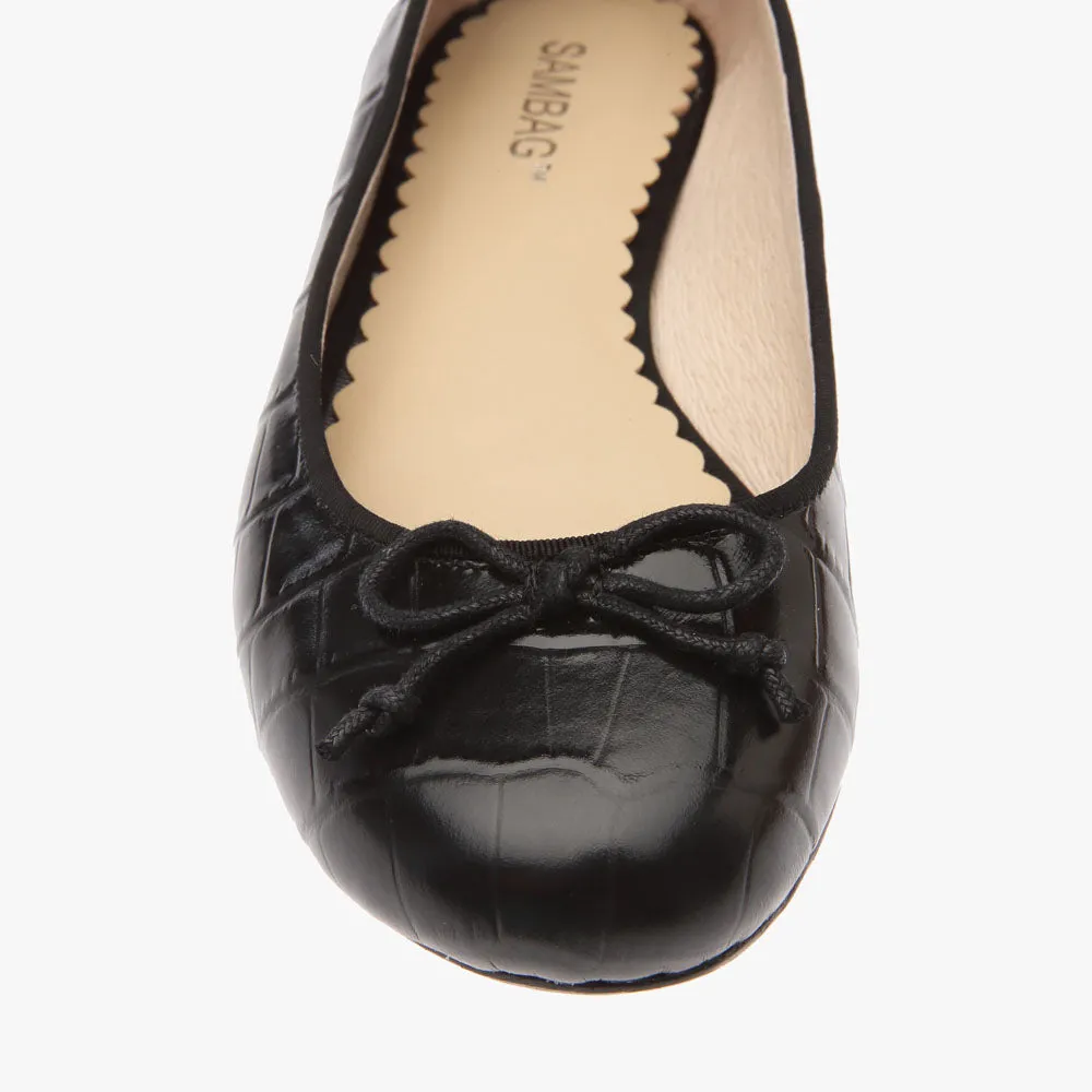 Tina Black Embossed Croc Leather ballet