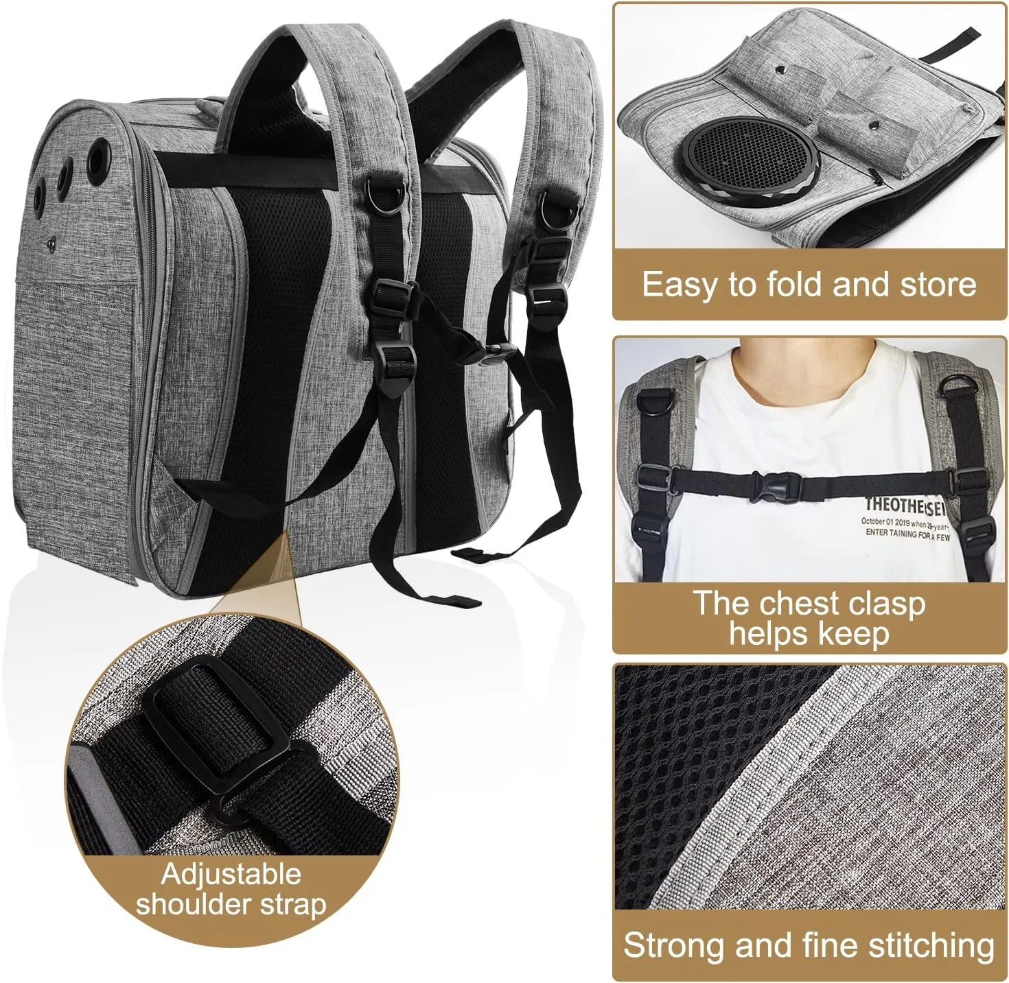 Top tasta Cat Backpack Carrier,Carrying Bag Airline Approved,Ventilated Window Mesh Design,Collapsible & Breathable Shoulder Backpack for Small Cats and Dogs Under 15 Lbs (Grey)