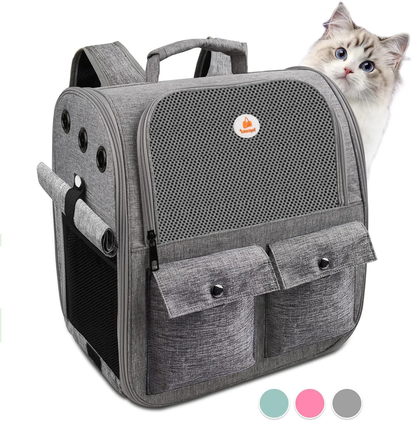 Top tasta Cat Backpack Carrier,Carrying Bag Airline Approved,Ventilated Window Mesh Design,Collapsible & Breathable Shoulder Backpack for Small Cats and Dogs Under 15 Lbs (Grey)