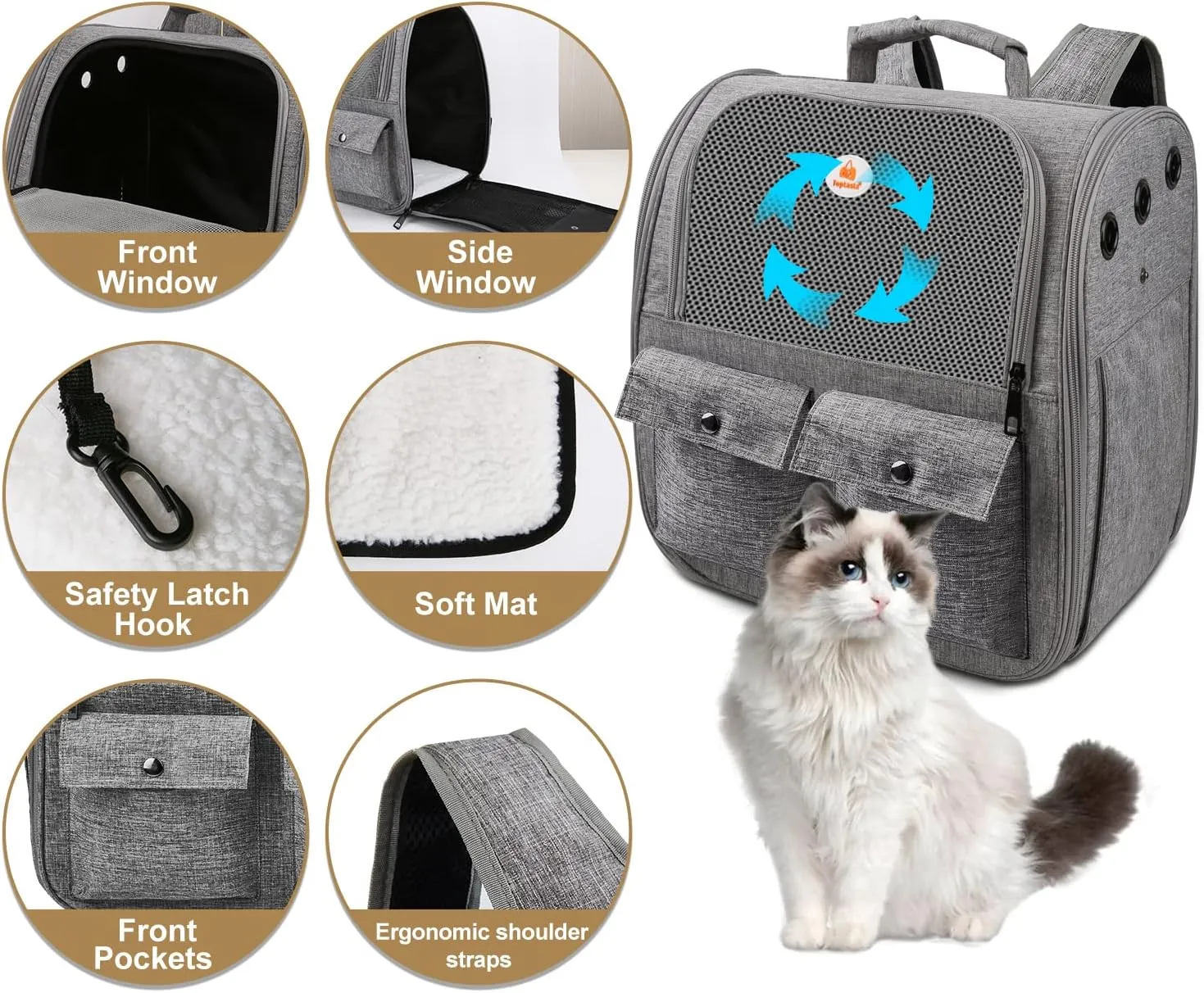 Top tasta Cat Backpack Carrier,Carrying Bag Airline Approved,Ventilated Window Mesh Design,Collapsible & Breathable Shoulder Backpack for Small Cats and Dogs Under 15 Lbs (Grey)