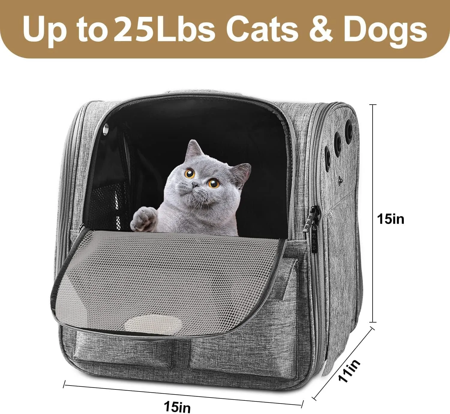 Top tasta Cat Backpack Carrier,Carrying Bag Airline Approved,Ventilated Window Mesh Design,Collapsible & Breathable Shoulder Backpack for Small Cats and Dogs Under 15 Lbs (Grey)