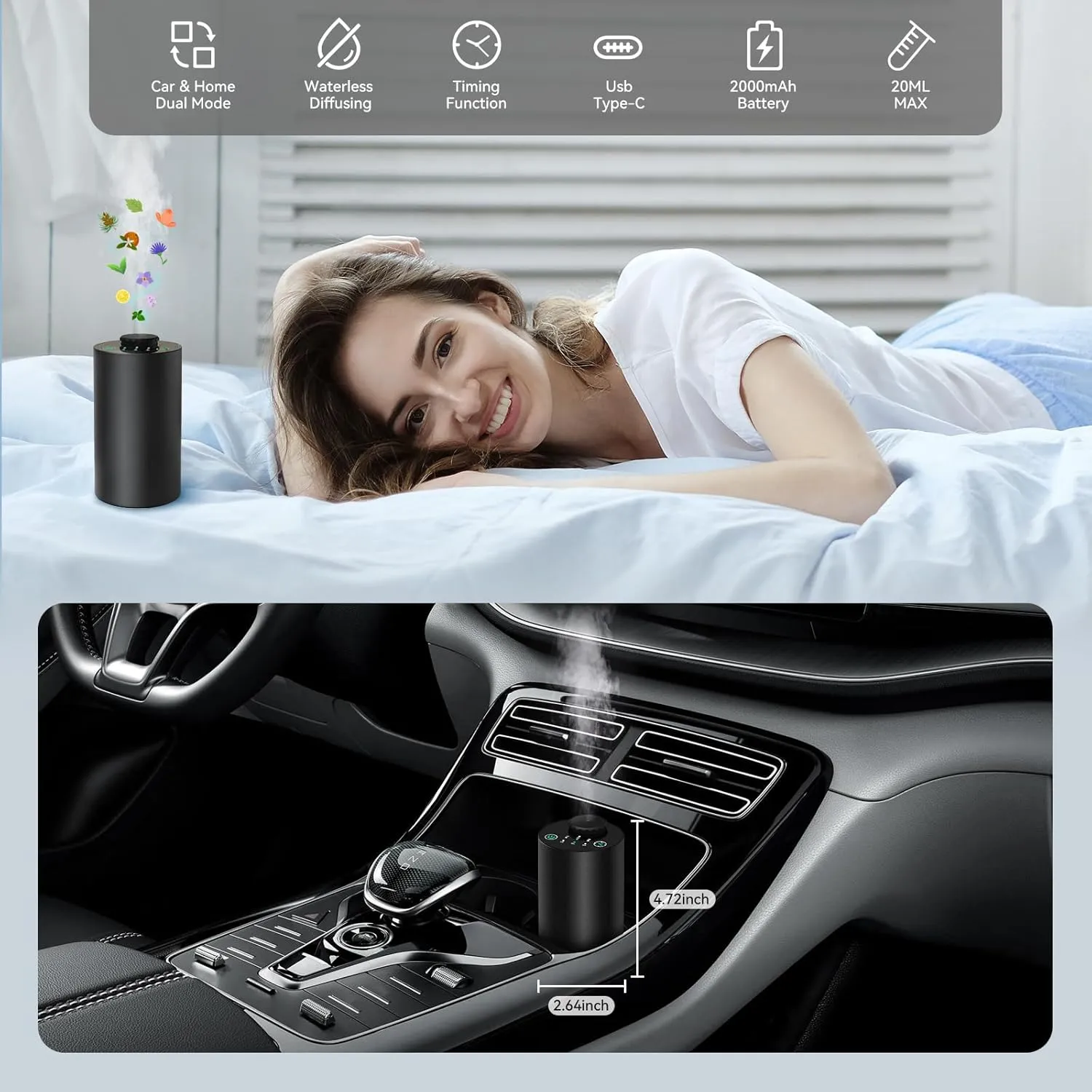 Waterless Essential Oil Diffuser for Home Battery Operated Cordless Scent Diffuser with Timing & 3 Mist Levels car DiffuserBlack Aluminum Alloy