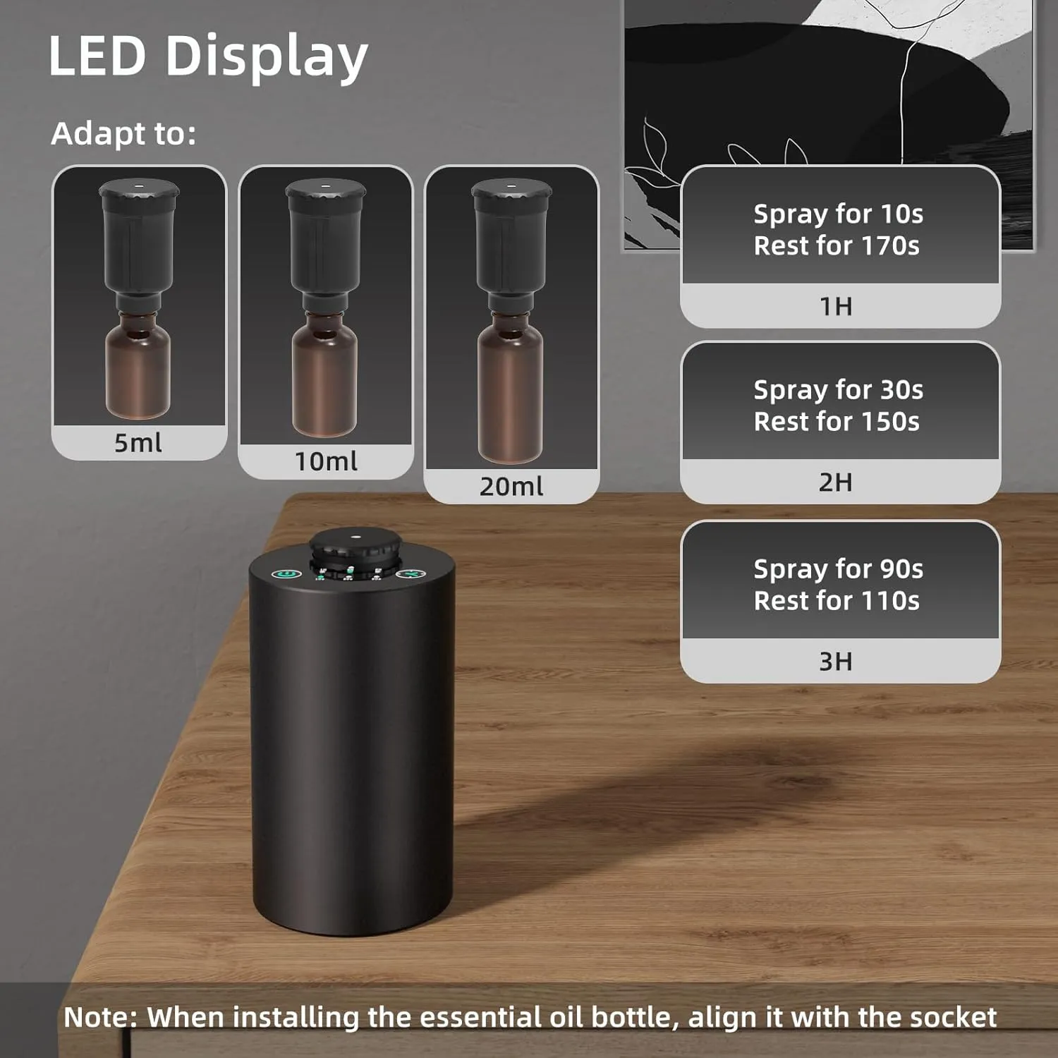 Waterless Essential Oil Diffuser for Home Battery Operated Cordless Scent Diffuser with Timing & 3 Mist Levels car DiffuserBlack Aluminum Alloy