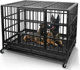 WOKEEN Heavy Duty Indestructible Dog Kennel with Wheels, High Anxiety Crate, Sturdy Locks, Double Door and Removable Tray Design, Extra Large XL Crate