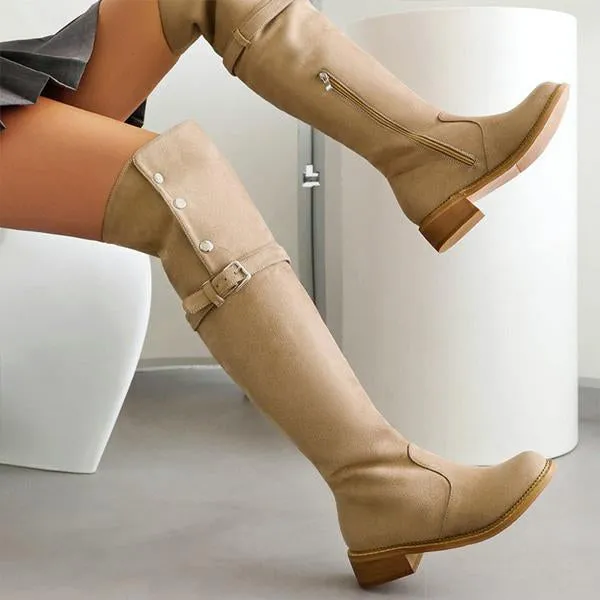 Women's Casual Suede Buckle Studded Over-the-Knee Boots 04023737S