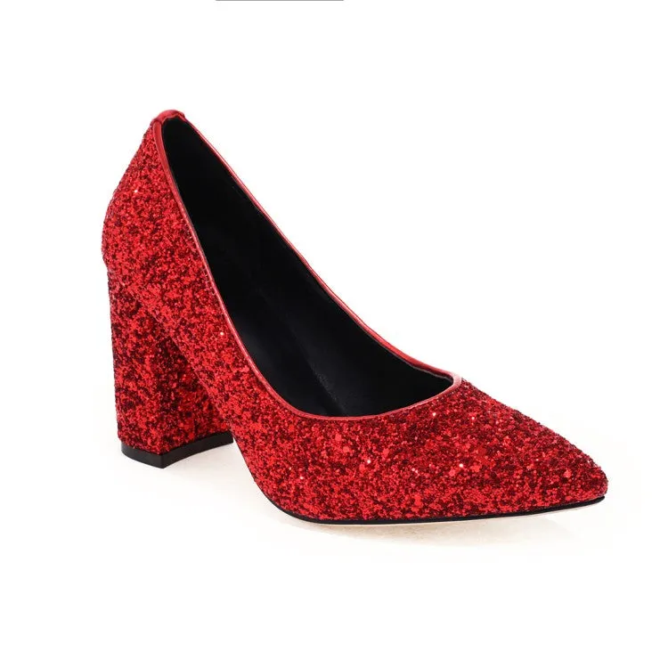 Women's Pumps Bling Bling Sequins Pointed Toe Chunky Heel Wedding Shoes