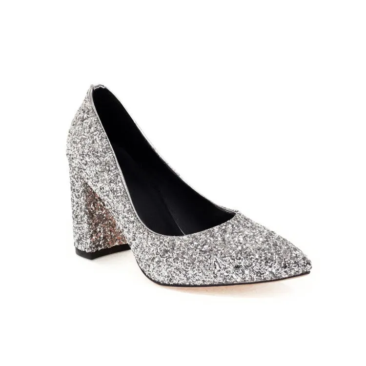 Women's Pumps Bling Bling Sequins Pointed Toe Chunky Heel Wedding Shoes