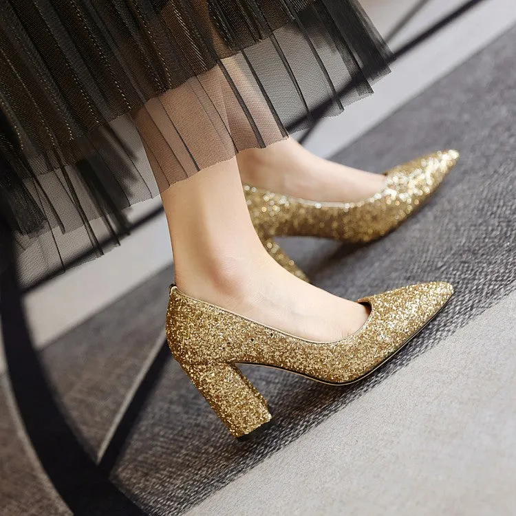 Women's Pumps Bling Bling Sequins Pointed Toe Chunky Heel Wedding Shoes