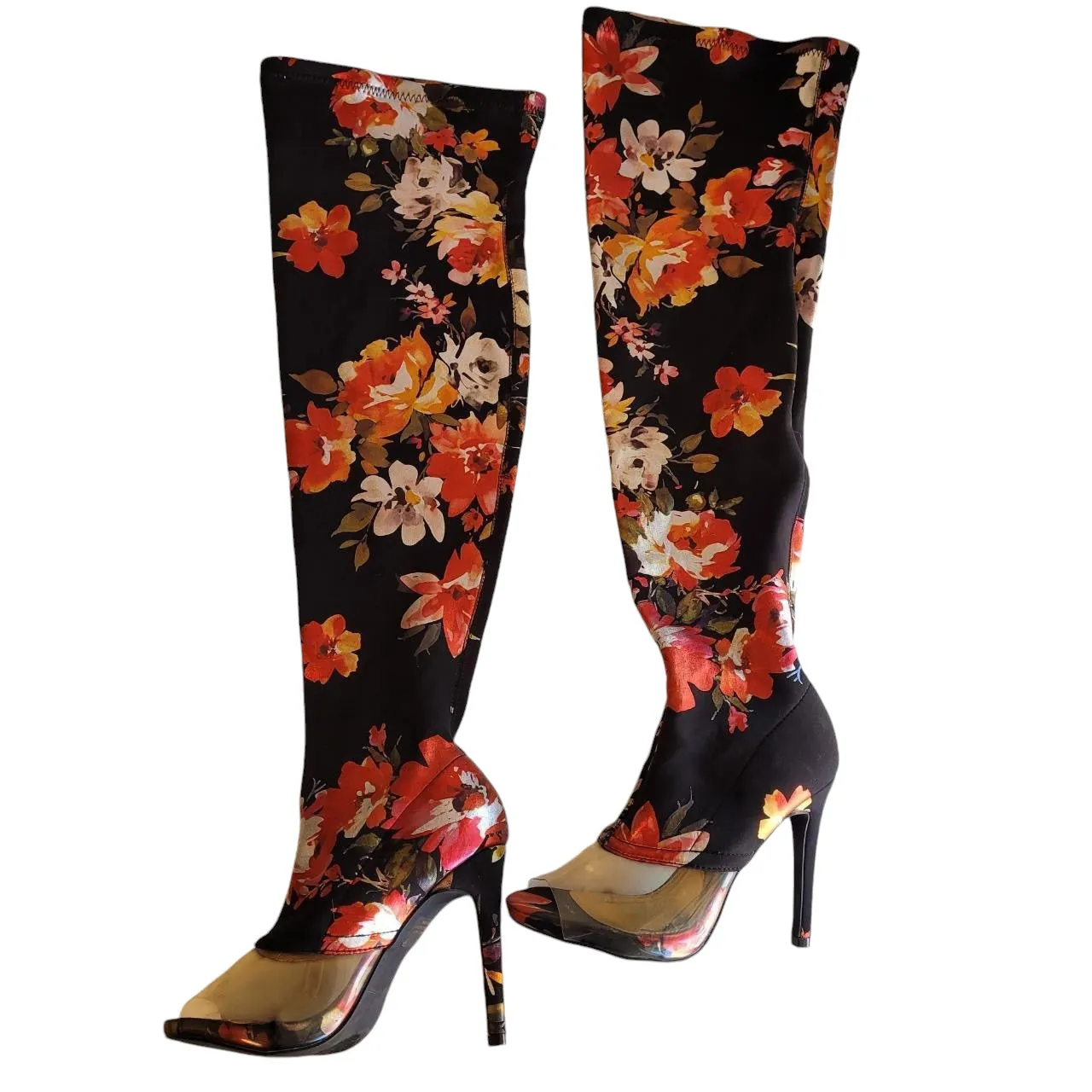 Women's Size 6 Black Floral Clear Peep Toe Over the Knee High Heel Boots Lycra