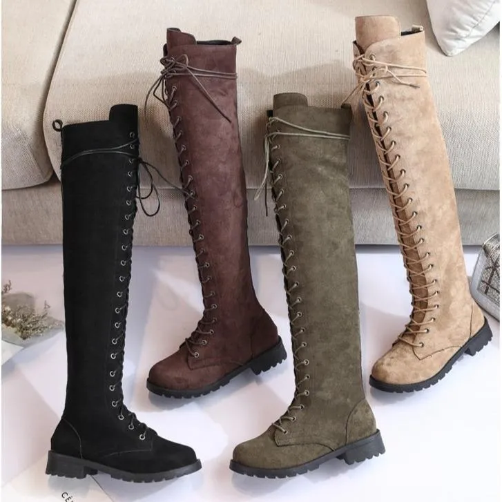 Women's thigh high combat boots low heel lace-up tall boots