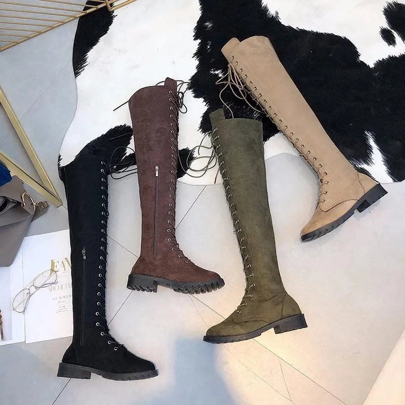 Women's thigh high combat boots low heel lace-up tall boots
