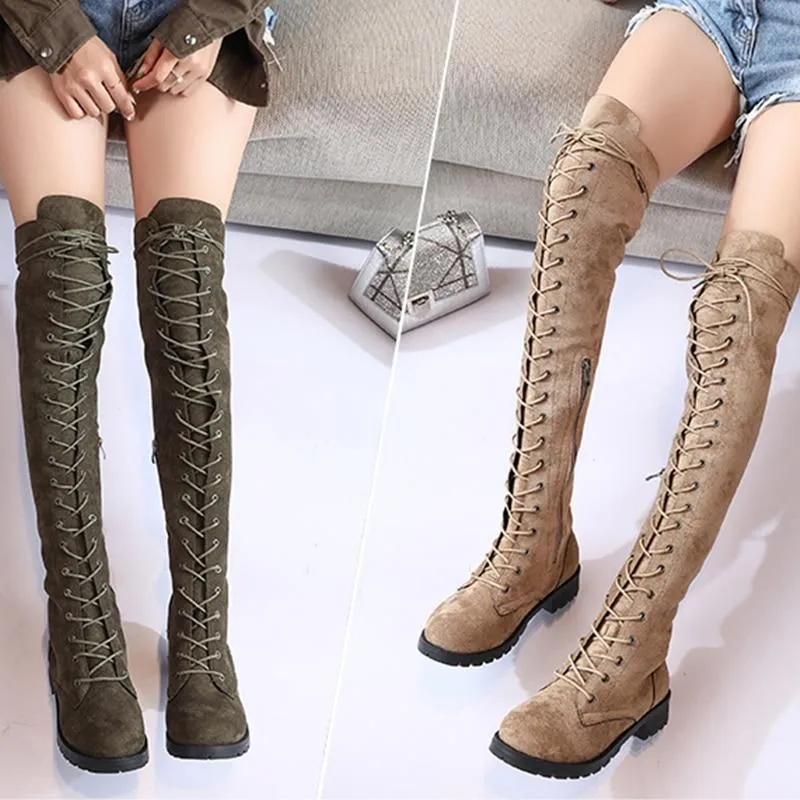 Women's thigh high combat boots low heel lace-up tall boots
