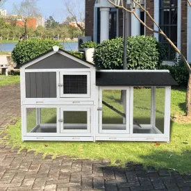 Wooden Outdoor Rabbit Hutch with Removable Tray Ramp, Multi-Level Design, and Running Cage for Small Animals, Gray