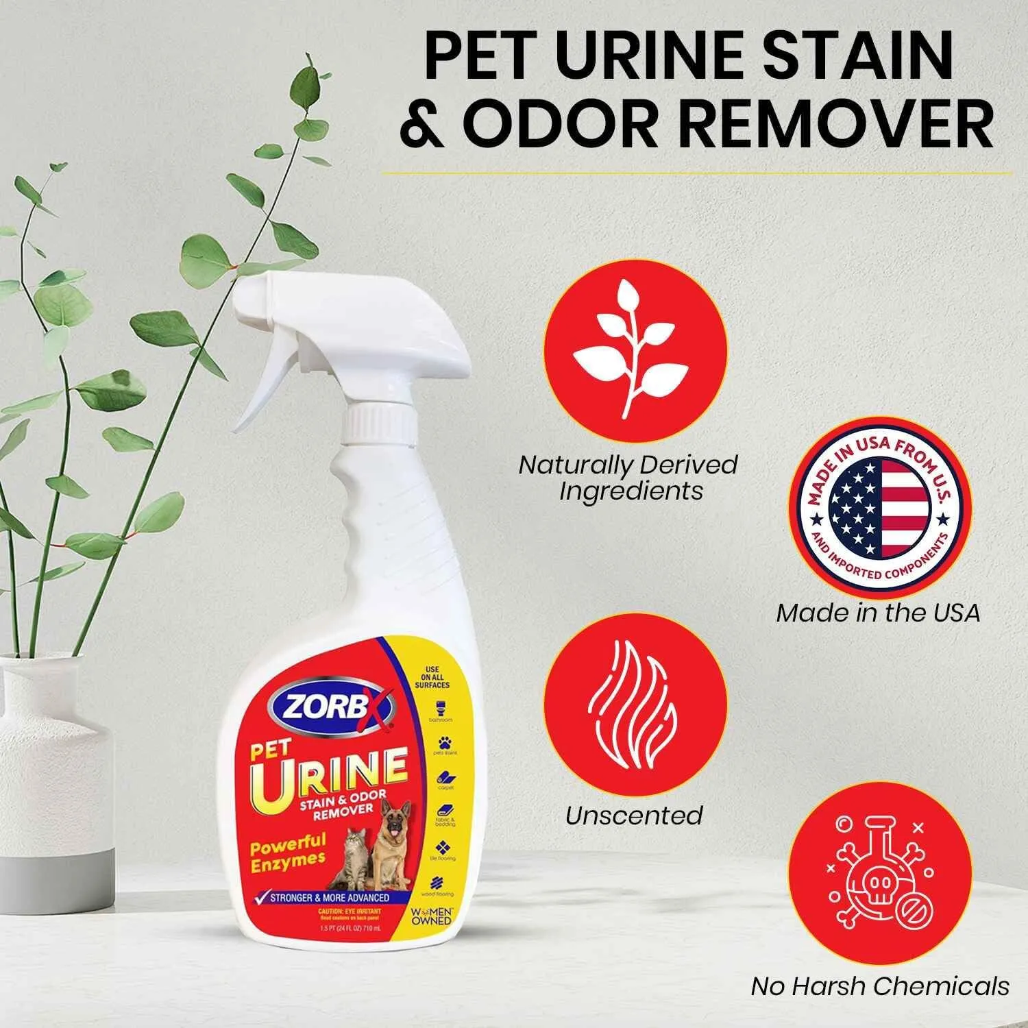 ZORBX Pet Urine Stain and Odor Remover Spray 128 FL Oz - Dog, Cat Urine Enzyme Odor Destroyer - Perfect Solution for Unpleasant Urine Odor and Stain Remover - Hardwood Floors & Carpet Cleaner